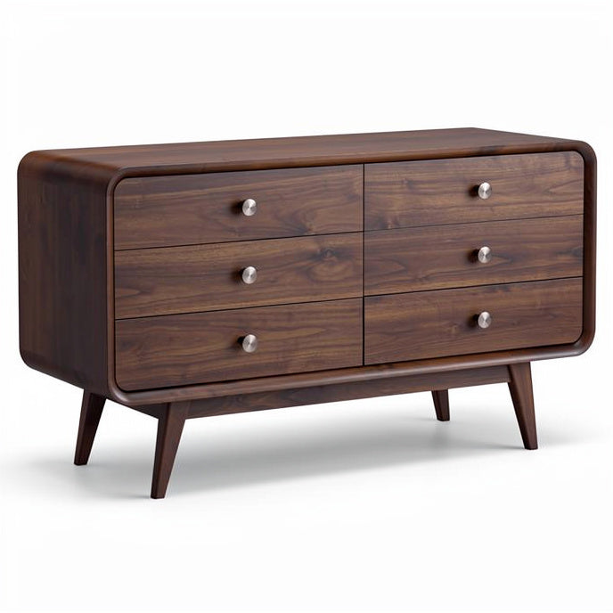 **Technische titel in het Nederlands: Moderne houten ladekast met afgeronde hoeken en metalen handgrepen**