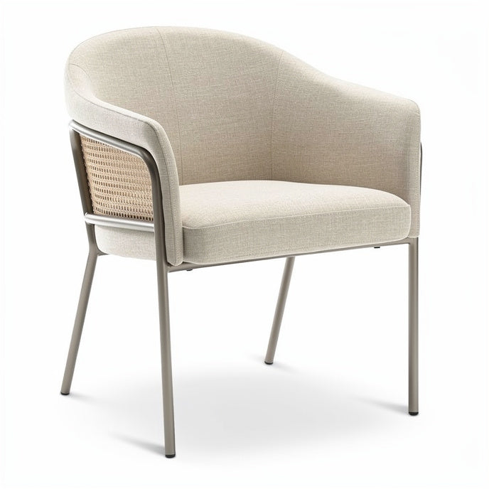 **Technische titel in het Nederlands: Moderne fauteuil met stof en rotan**