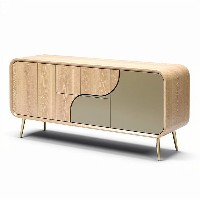 **Technische Titel in het Nederlands: Moderne houten dressoir met metalen accenten en abstracte deuren**