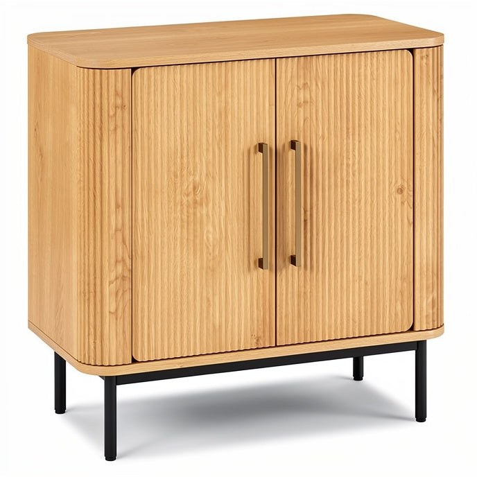 **Moderne houten kast met afgeronde hoeken en metalen poten**
